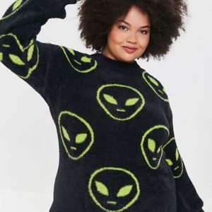 Forever 21 Plus Size or Oversized Fuzzy Black & Neon Green Spring Alien Sweater